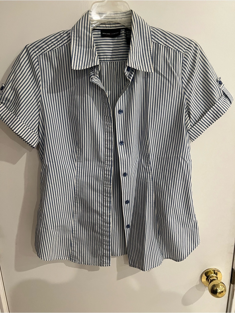 New York & Company Blue and White Striped Short-Sleeve Button-Down Shirt